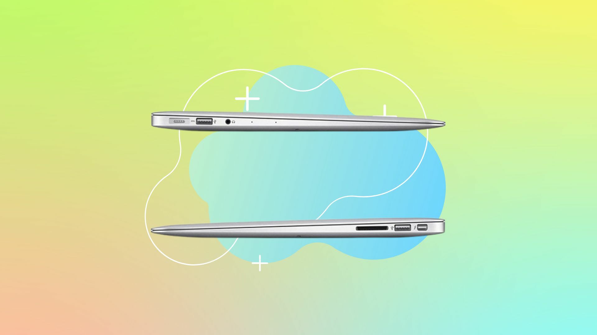 Refurbished MacBook Air on a colorful background.