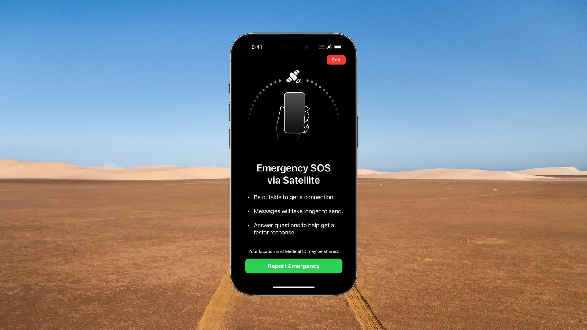 iPhone 14 emergency sos feature against the backdrop of a desert landscape