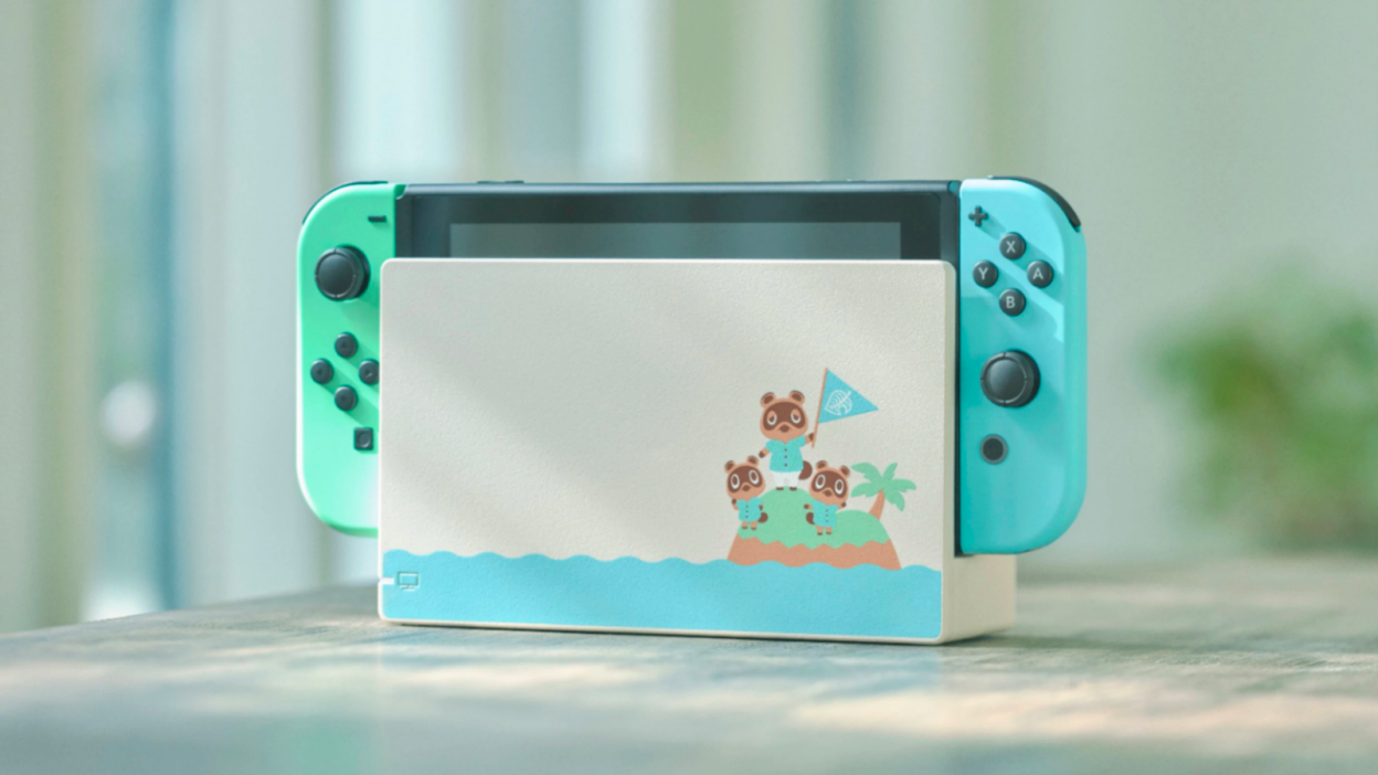 Nintendo Switch Animal Crossing Edition Console in dock on neutral background