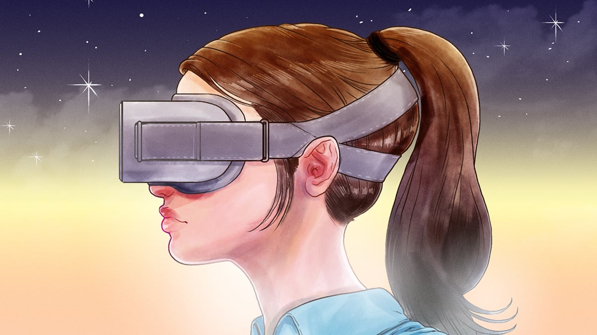 A side profile view of a white woman with a brown pony tail. She is wearing a nondescript grey VR headset.