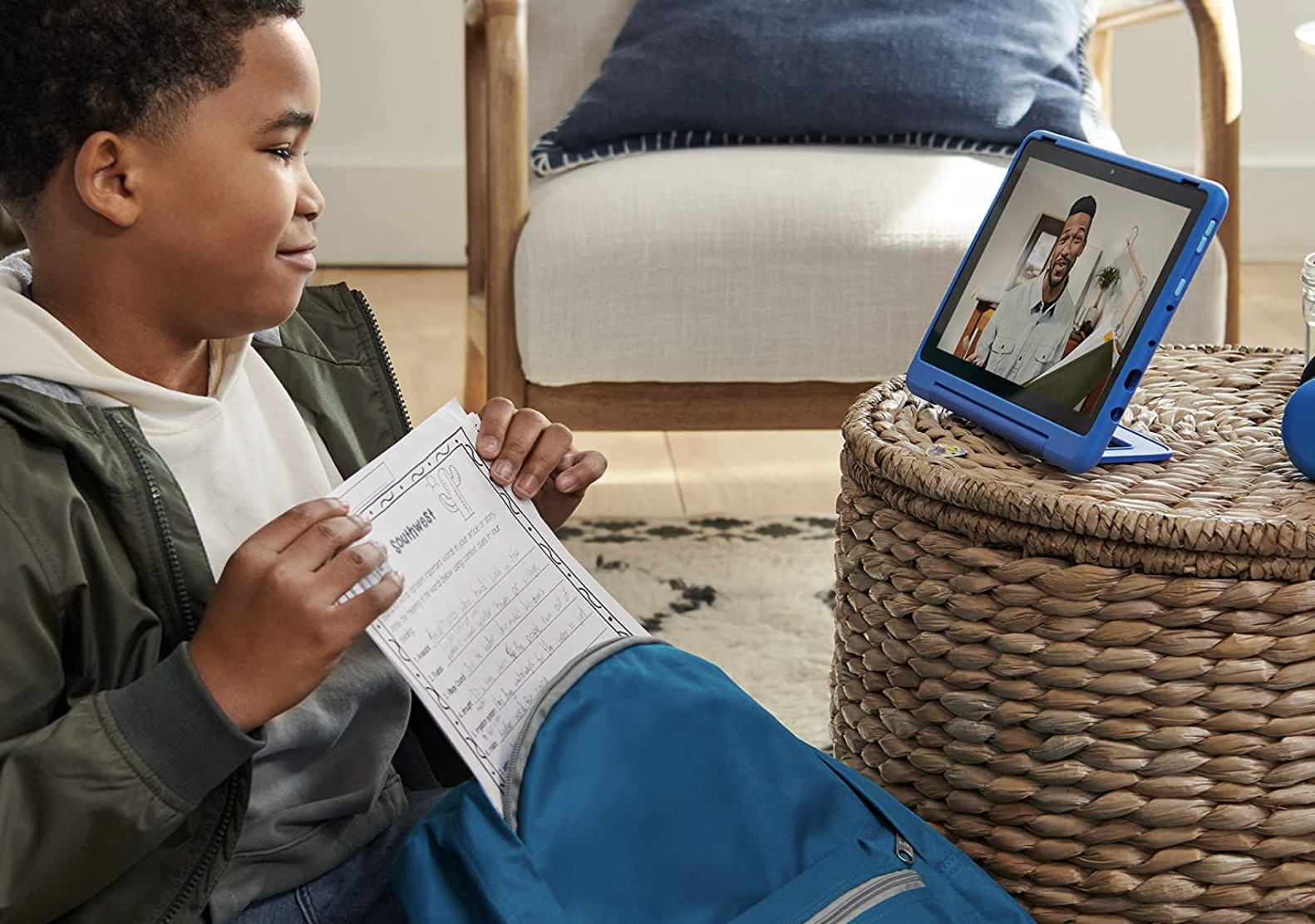 A boy watching a Fire HD Kids Pro tablet