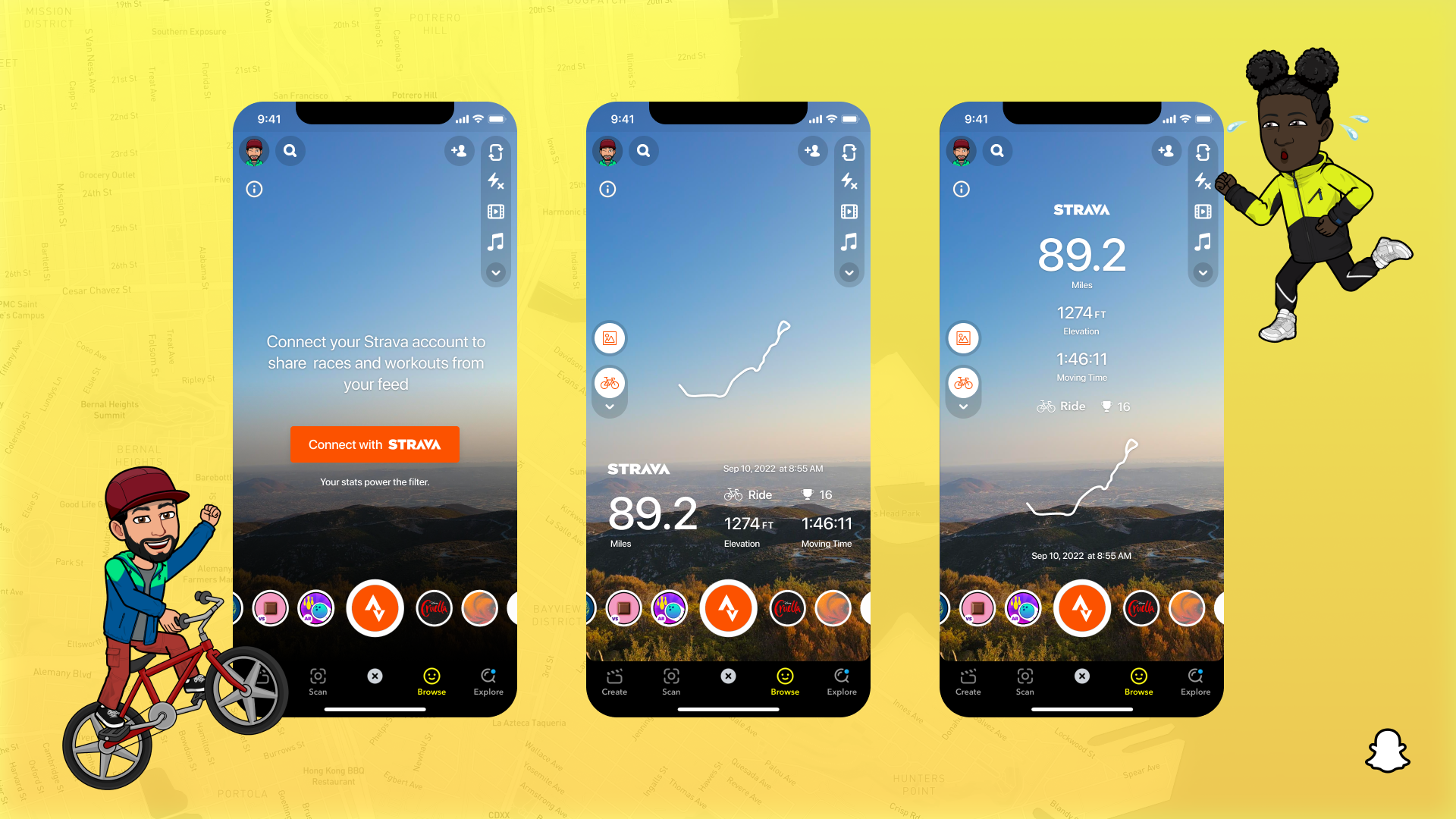 three views of snap and strava lens showing workout stats over a view