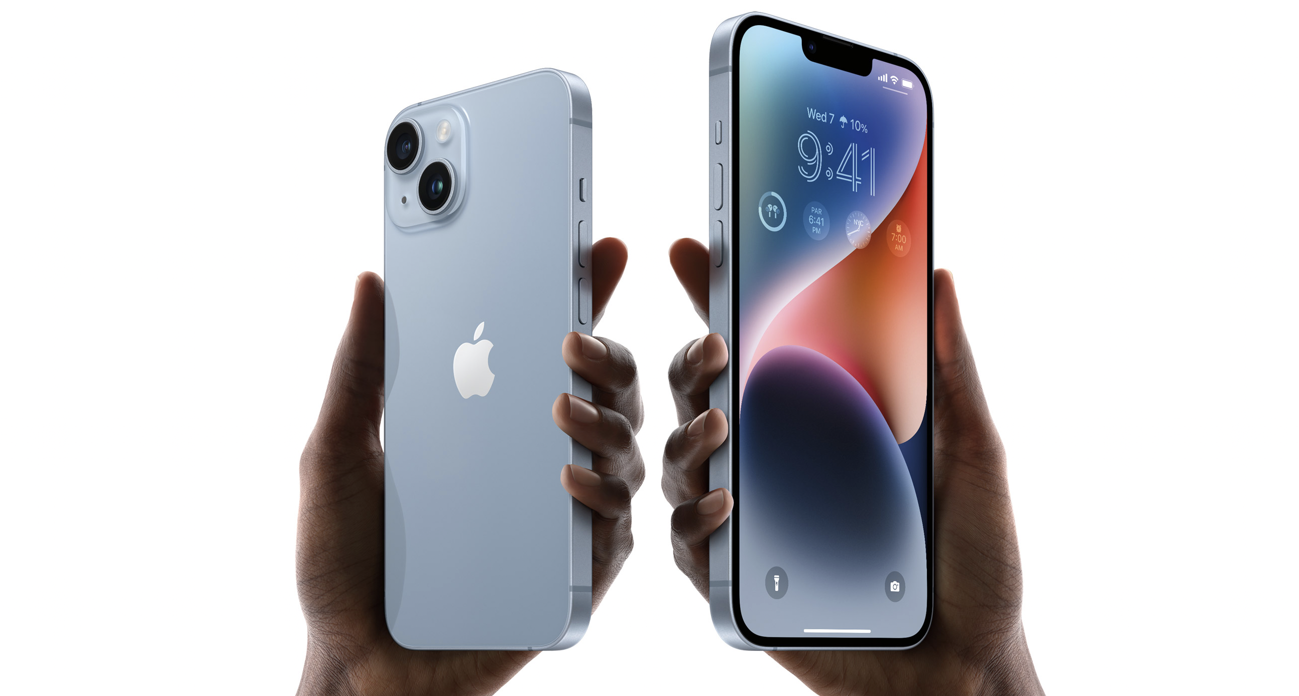Two hands holding iPhone 14s