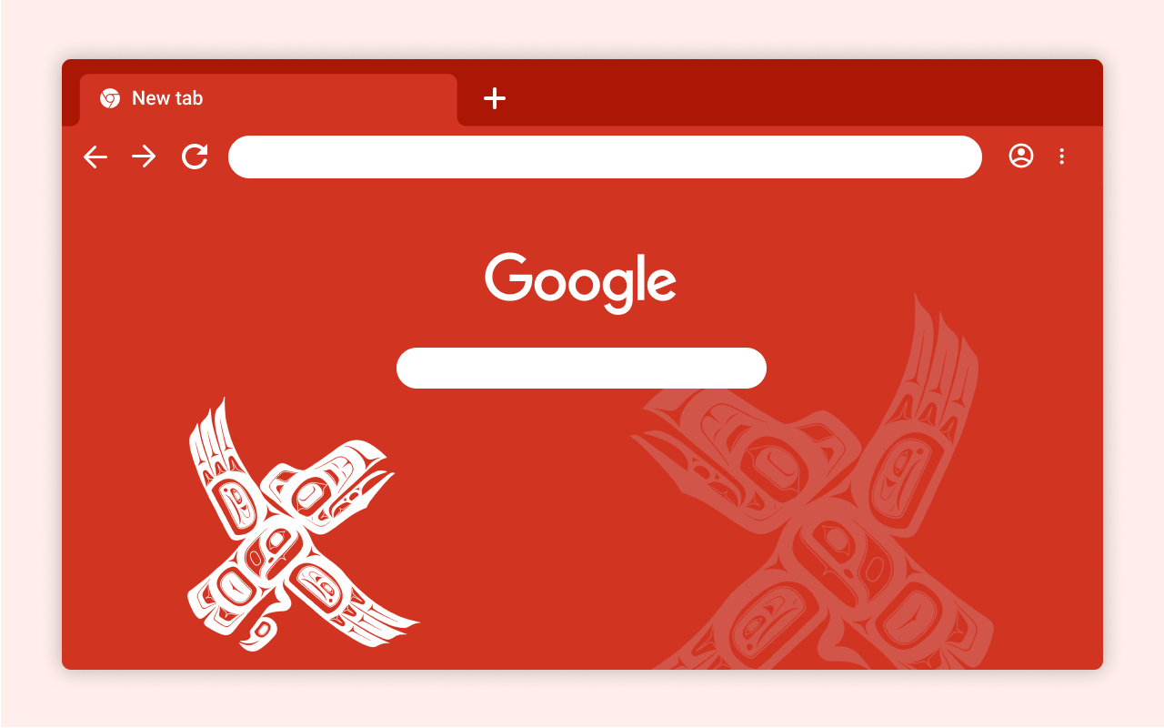A screenshot of a red Google Chrome homepage. The art behind the search bar shows two white birds drawn in a particular artistic style using curved lines.