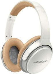 A pair of white wireless headphones from the company Bose