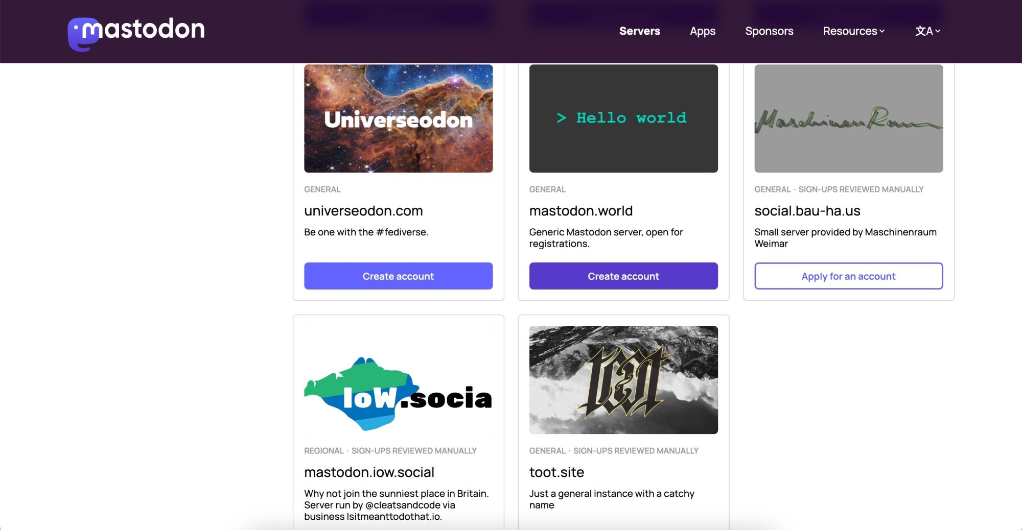 Mastodon page on a desktop browser showing federated servers available to join.