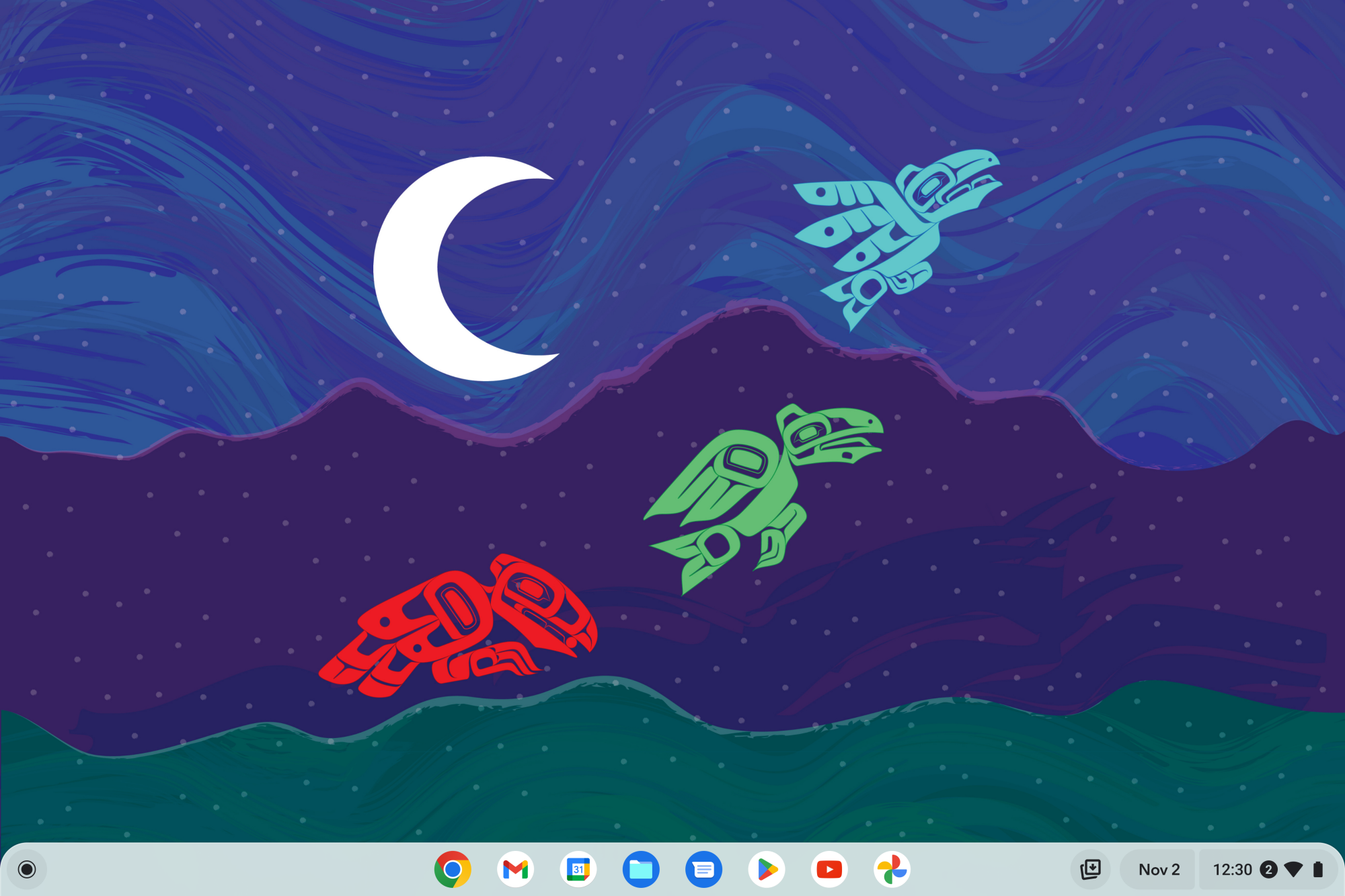 Three birds (one blue, one green, and one red) are drawn flying over a color-blocked landscape. A bright white crescent moon is behind them.