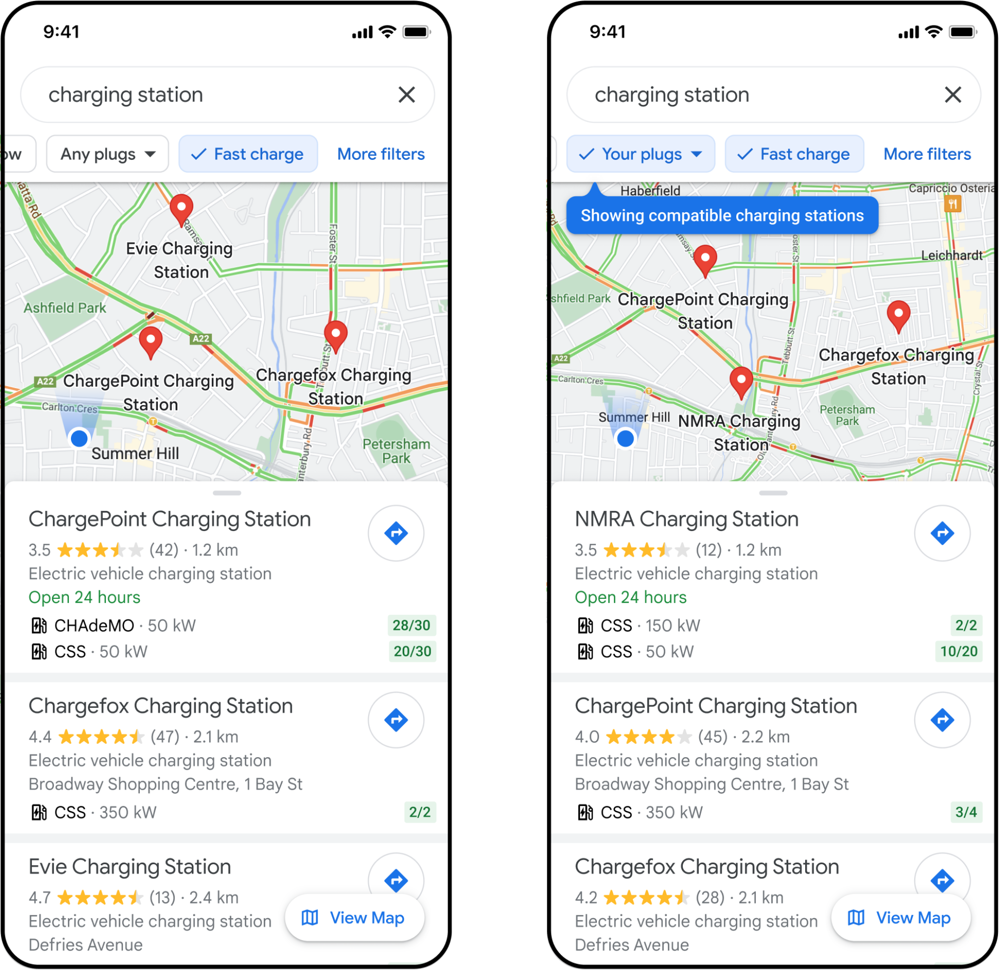 Google Maps EV charging station features