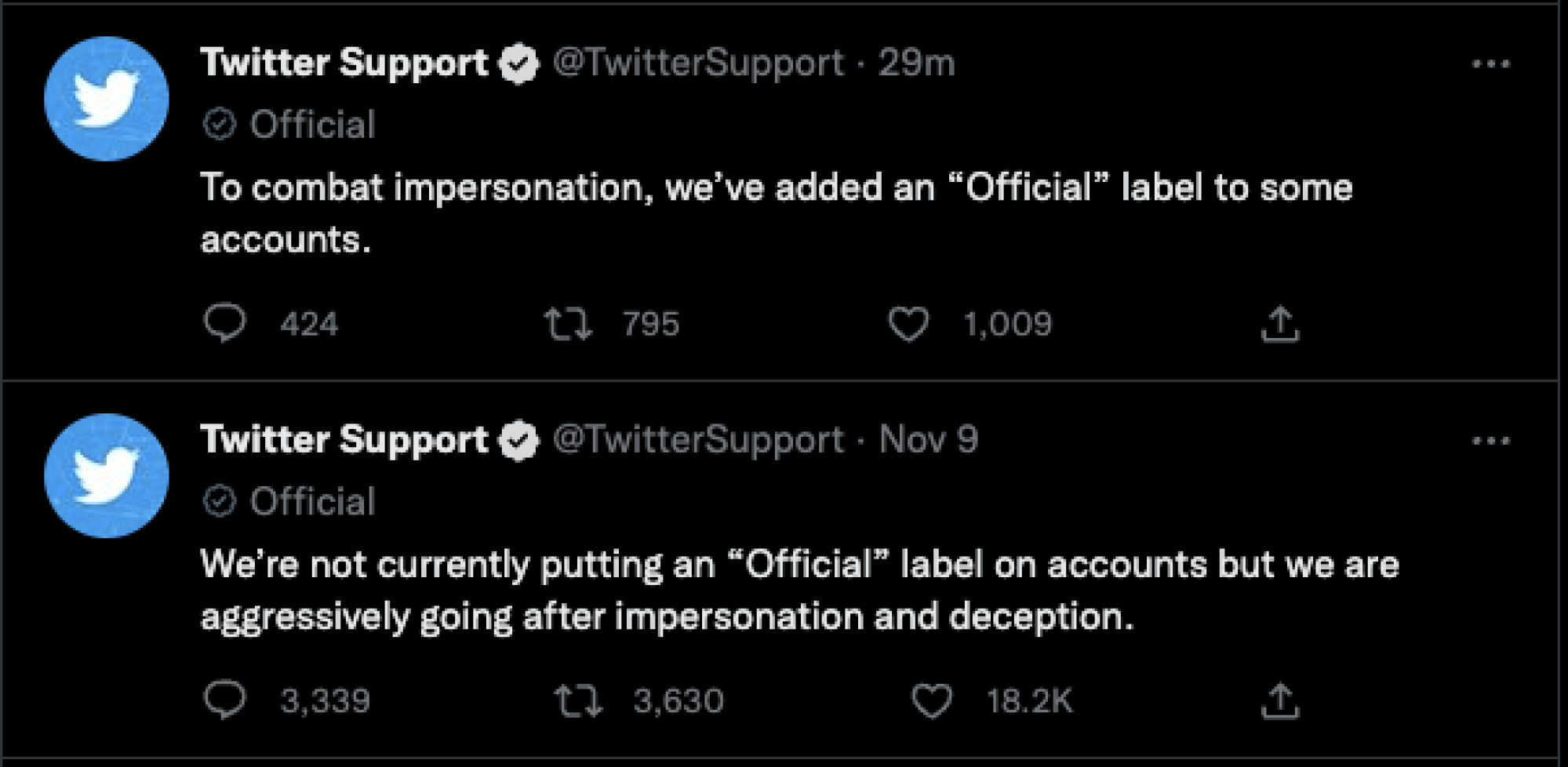 Two tweets less than two days apart, revoking the Official label and then reintroducing it.