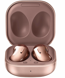 bronze ear buds in an open charging case