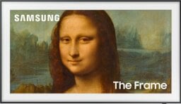 A samsung TV is displaying an artwork potraying a woman known as the Mona Lisa