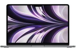 A MacBook Air laptop on a white background with purple and black screen