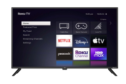 front-facing JVC 43-inch smart TV with Roku and visible streaming option menu
