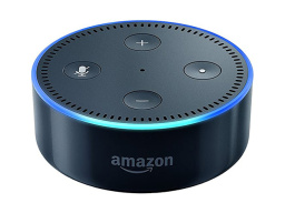 Refurbished Amazon Echo Dot (2nd Gen) on a white background.
