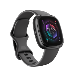 Black Fitbit Sense 2 displaying clock face home screen 