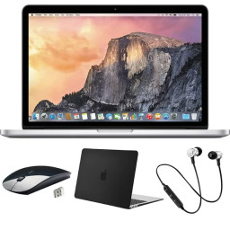 An Apple MacBook with a mouse, Bluetooth headset, and a case
