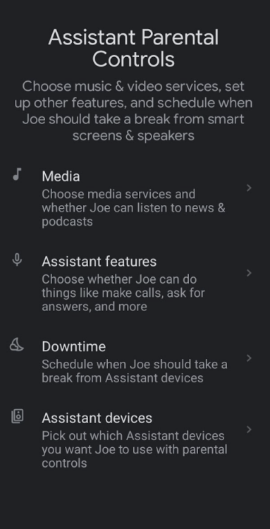 A screenshot of the Google Assistant parental controls menu.