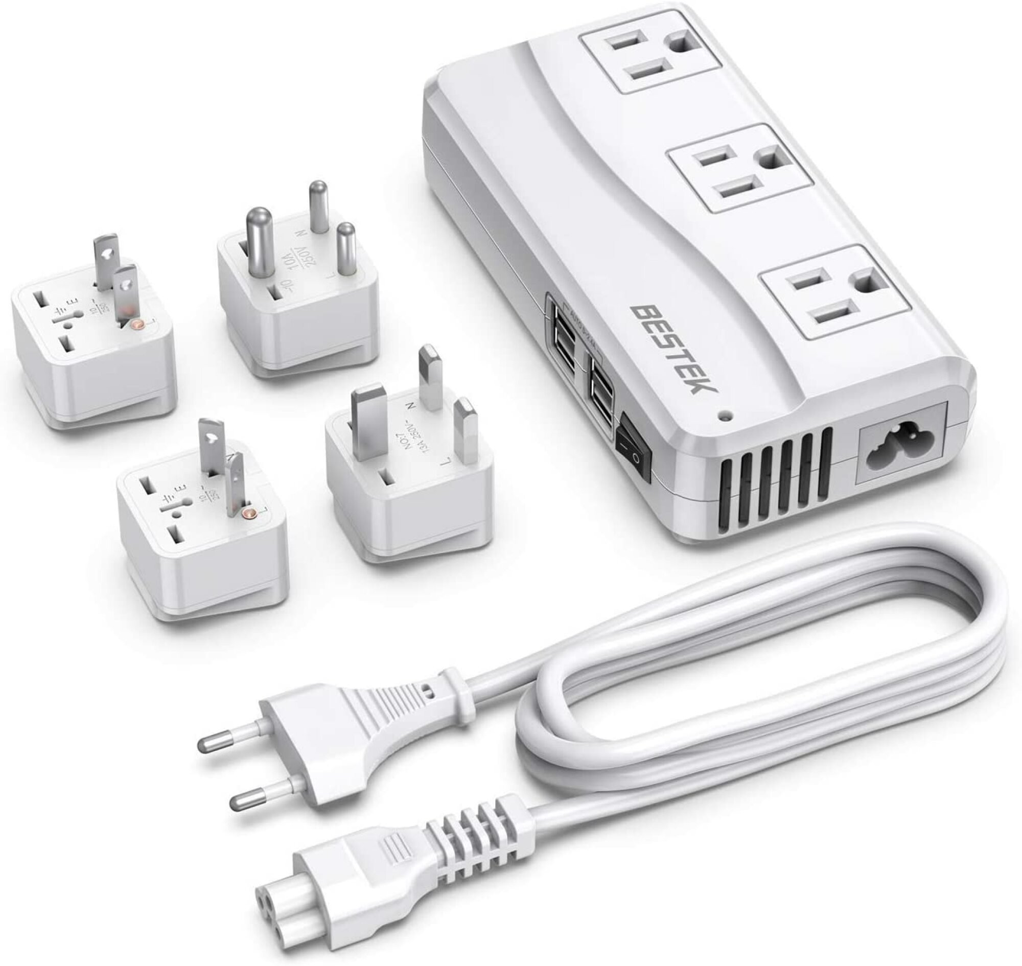 BESTEK power converter with four adapters and an extension cord