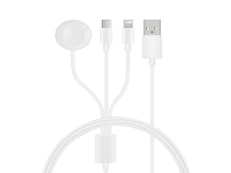 3-in-1 USB-C, iPhone and Apple Watch Lightning Charging Cable on a white background.