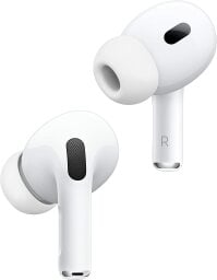 A pair of second-generation AirPods Pro on a white background.