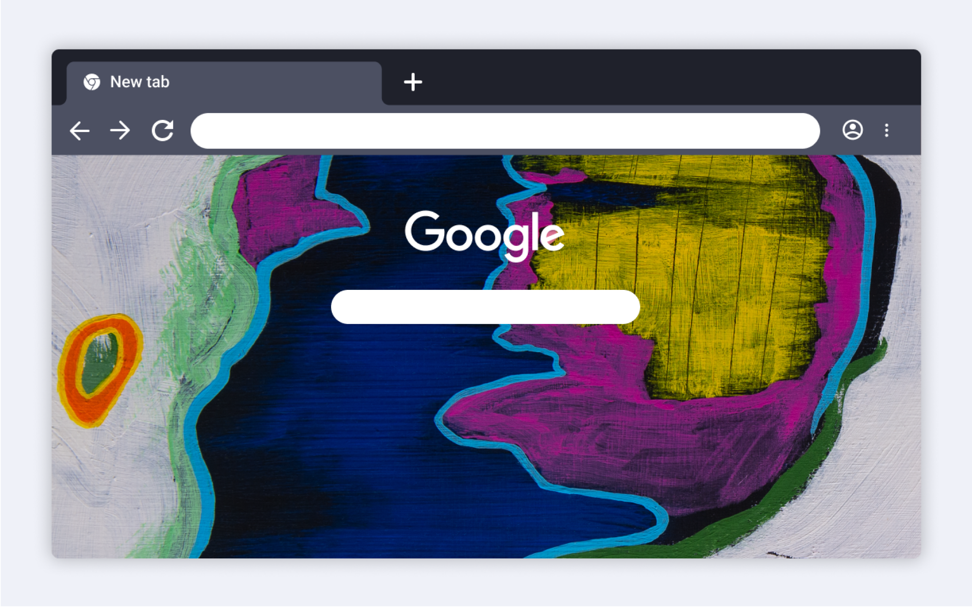 A screenshot of the Google Chrome homepage, with one of the new custom themes applied. The art behind the search bar is an abstract wash of various colors and shapes.