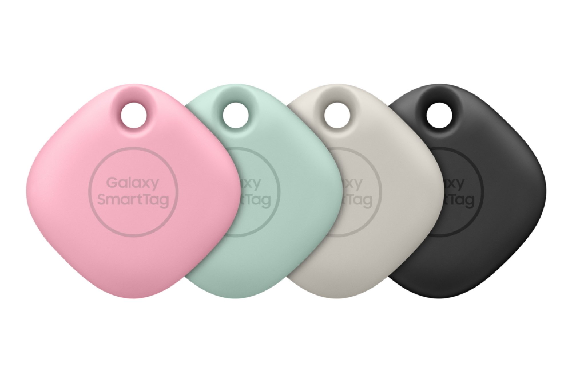 samsung galaxy smartags in pink, green, gray, and black