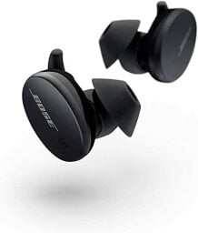 A pair of wireless black earphones