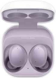 the lavender samsung galaxy buds 2 in their charging case