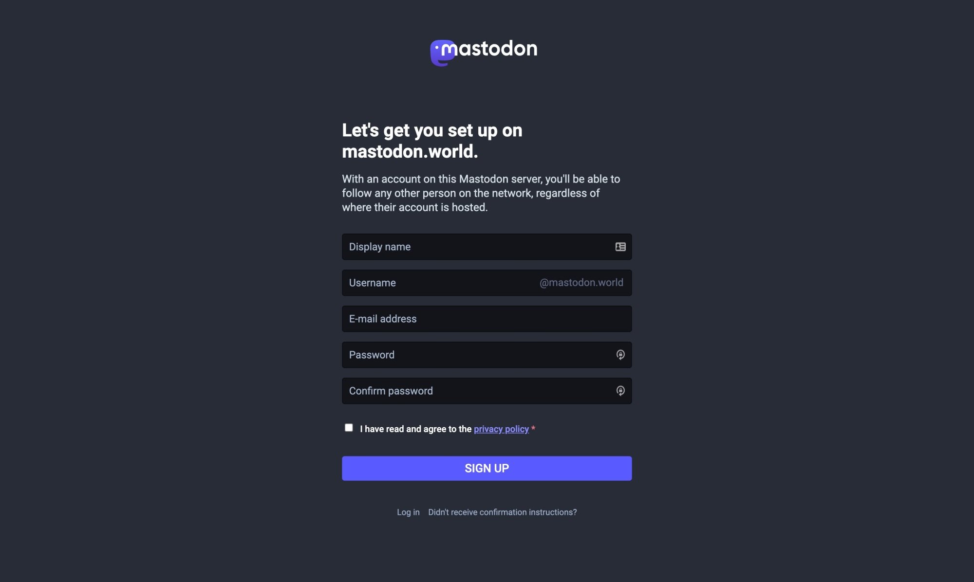 the sign up page for creating an account with the mastodon.world server.