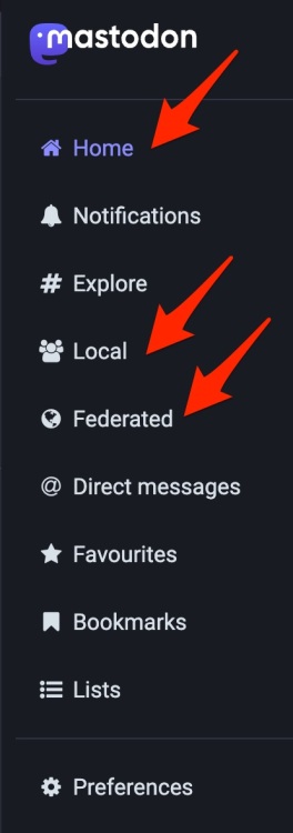 sidebar of Mastodon app on a desktop showing the different timeline filters.