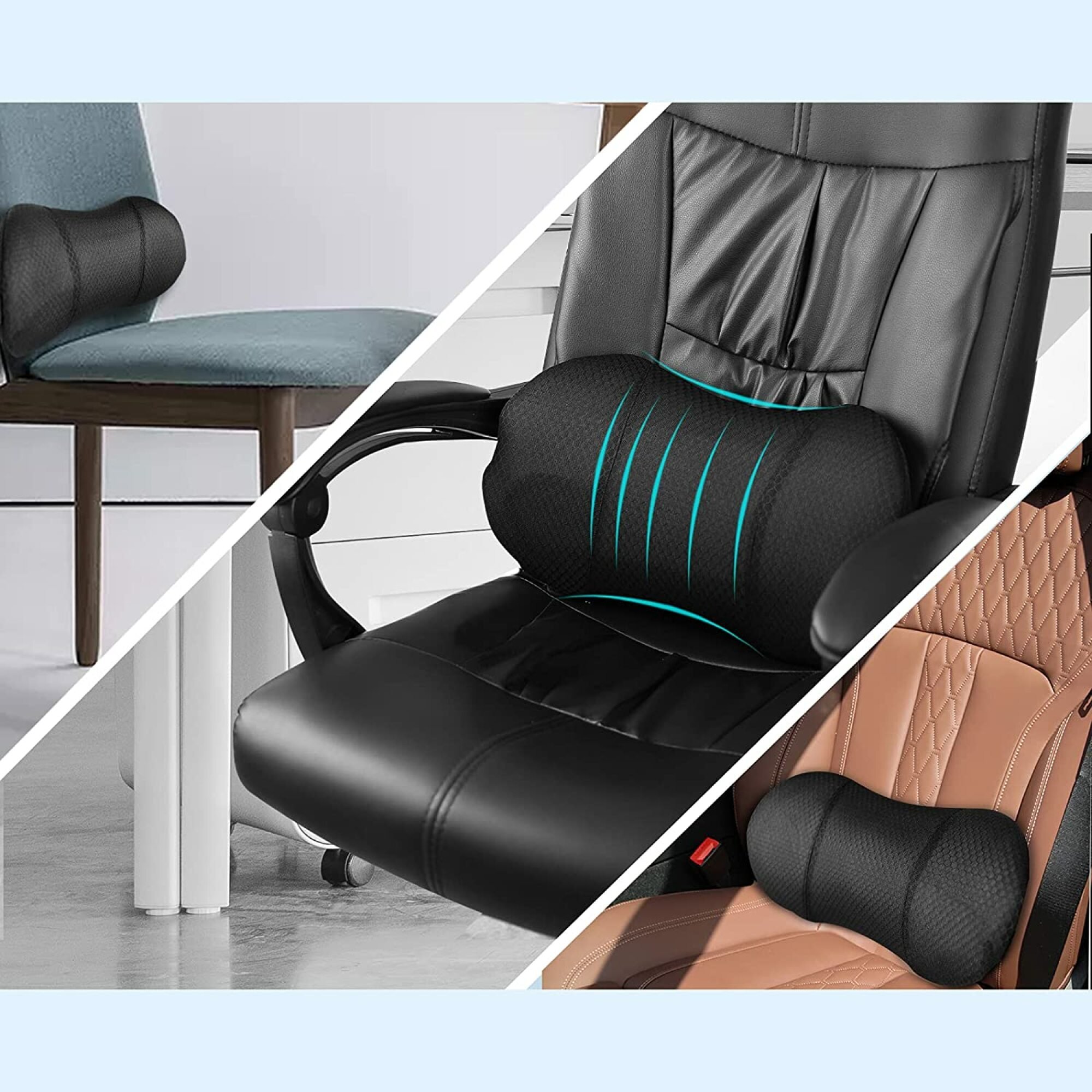 inflatable lumbar pillow used with an armless wooden chair, office chair, and a carseat