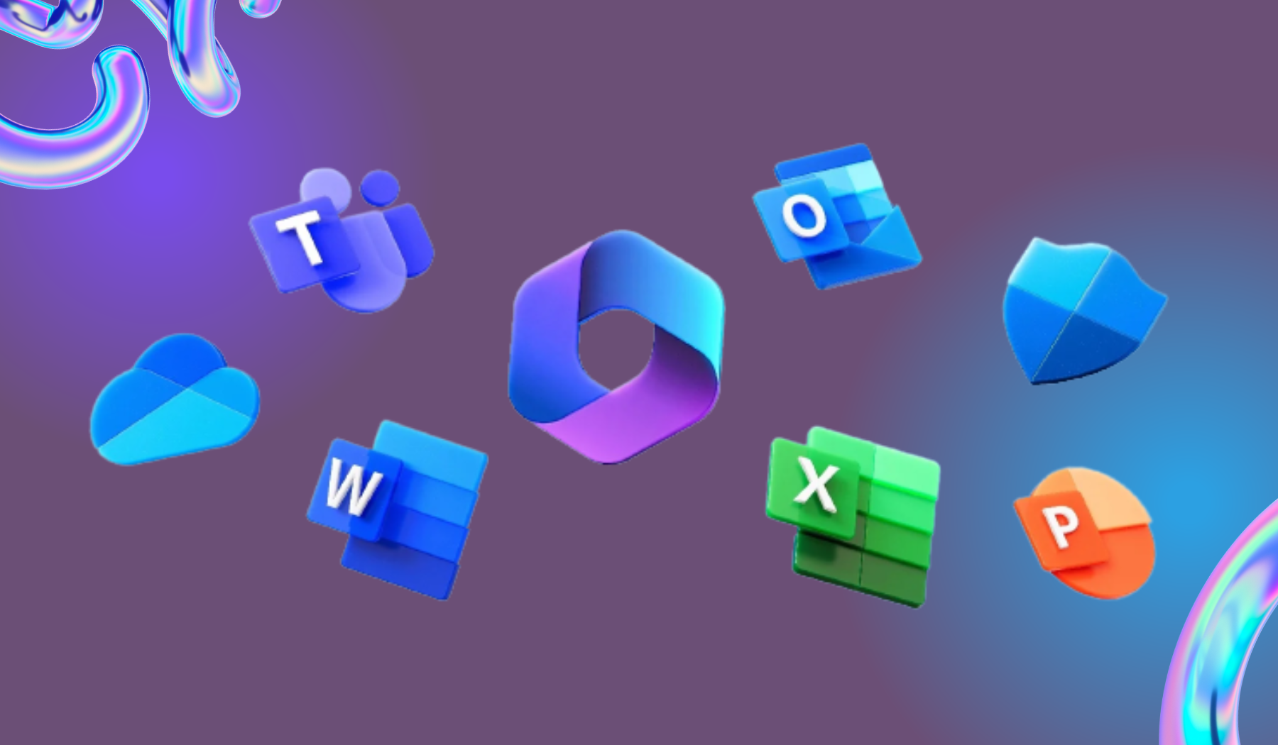 Microsoft Office logos on purple background with holographic elements in corner