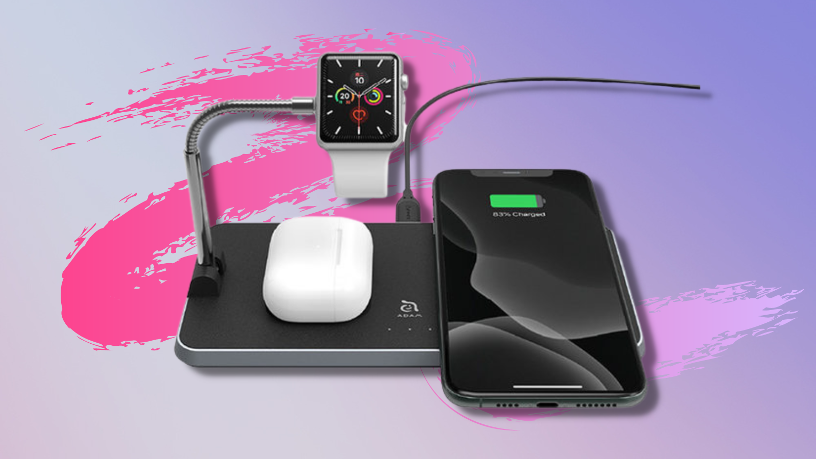 omnia q3 charging station with airpods, apple watch, and iphone against purple background