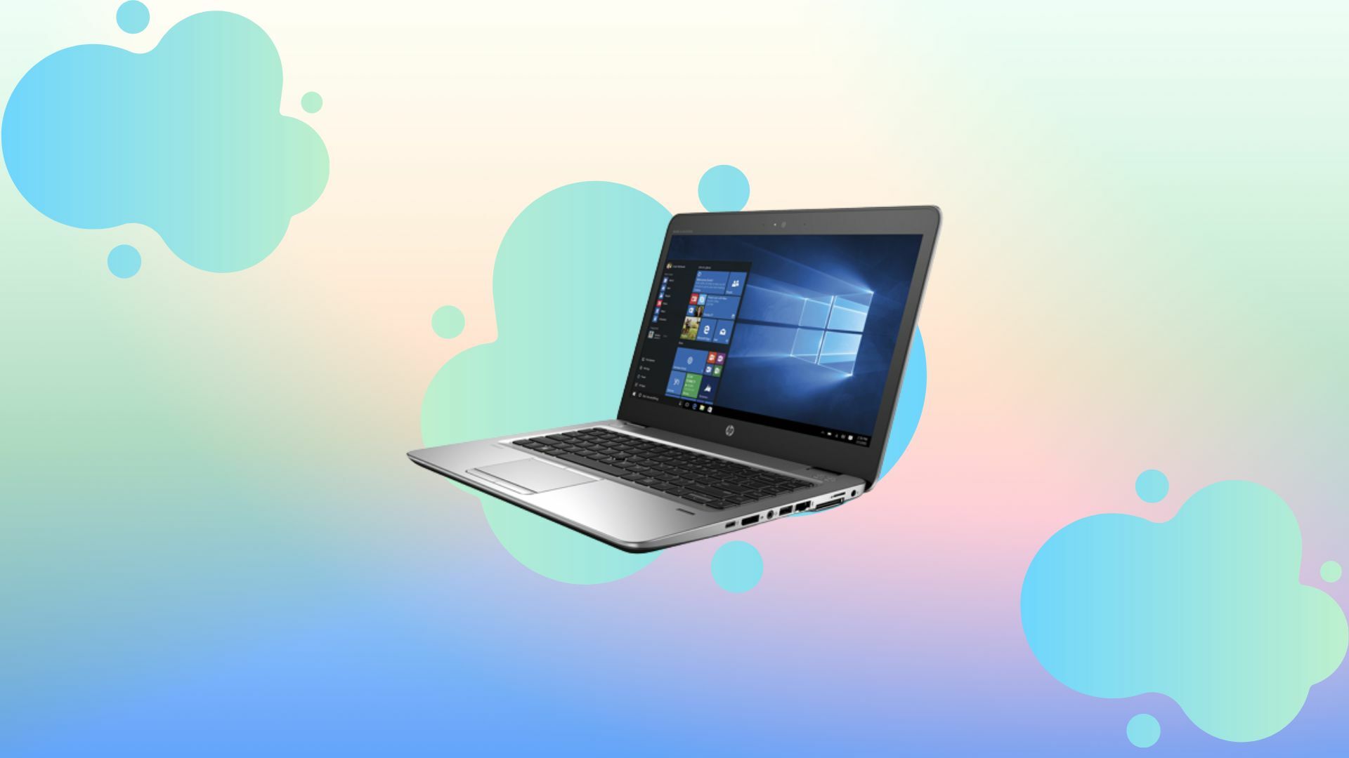 Refurbished HP EliteBook 840 on a colorful background.