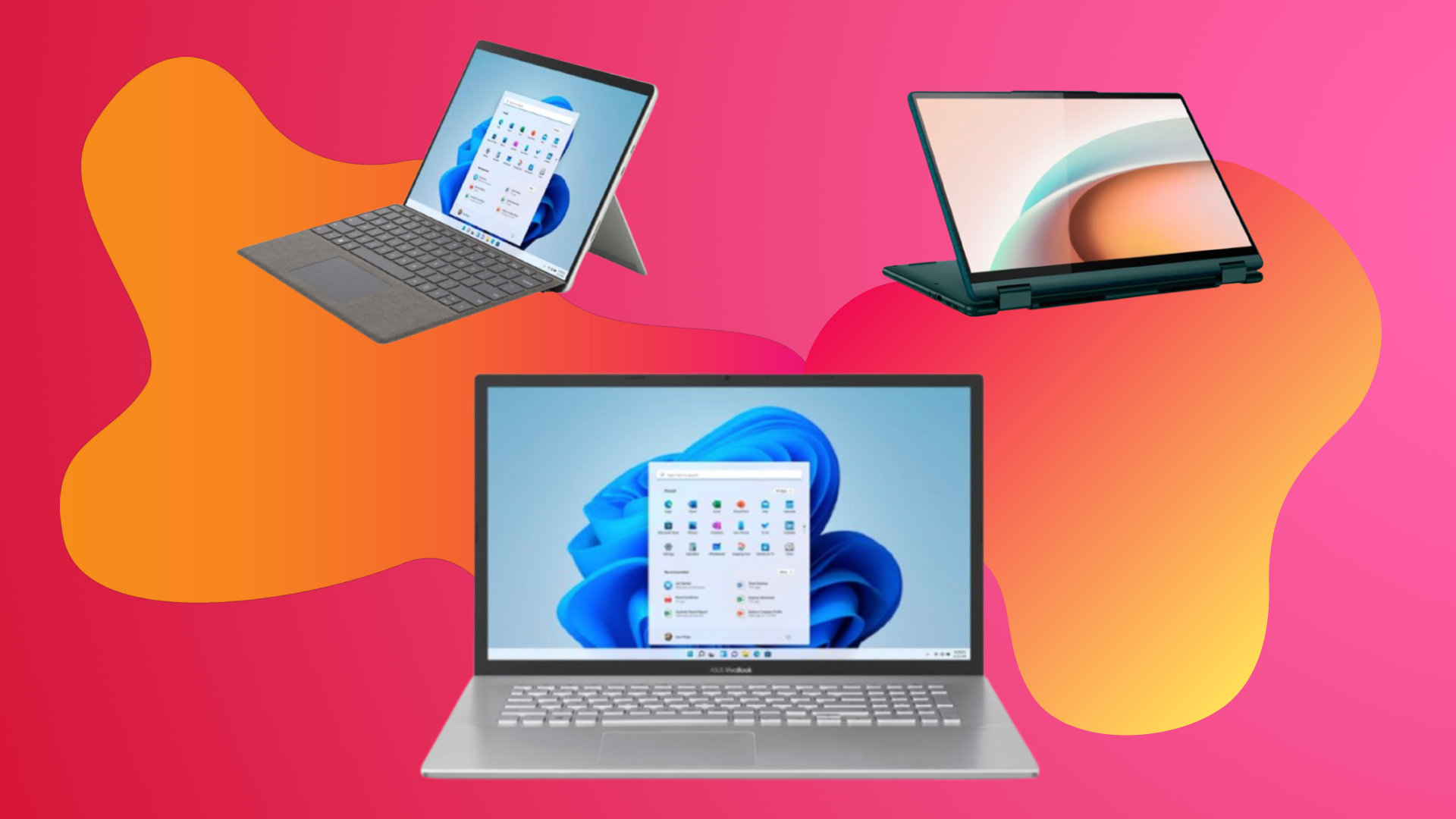 Laptops against a pink and orange background