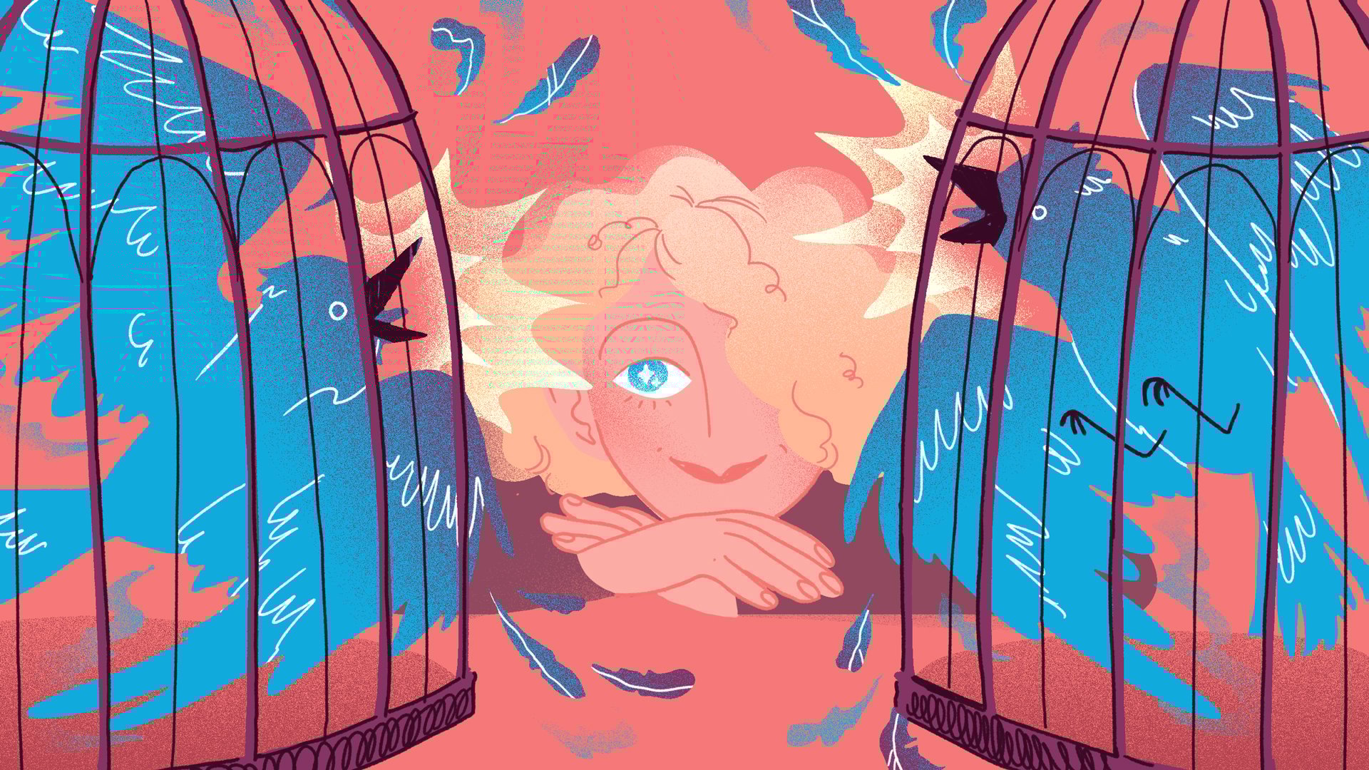 Illustration of a blonde woman looking at two caged blue birds