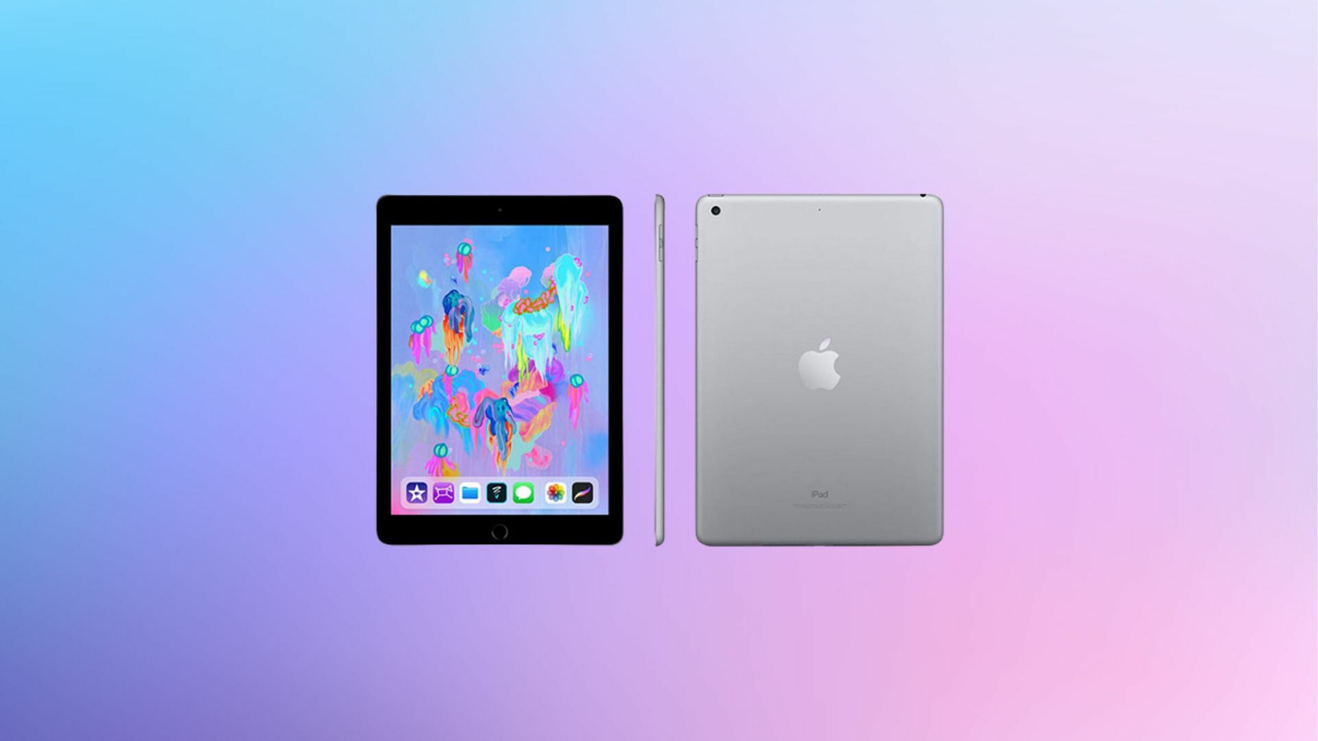Refurbished 6th-Generation iPad and Accessories Bundle on a colorful background.
