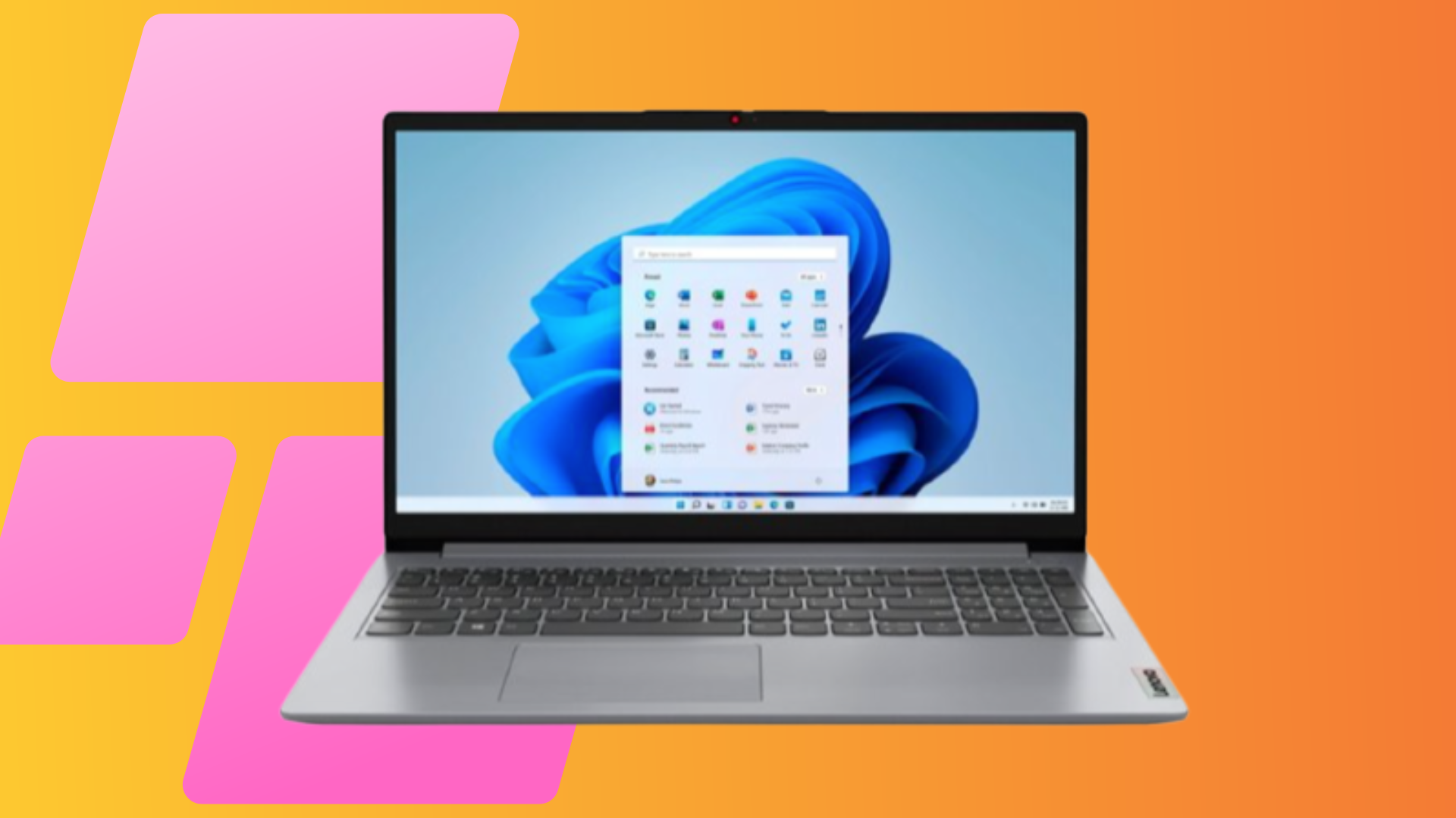 Lenovo laptop against an orange and pink background