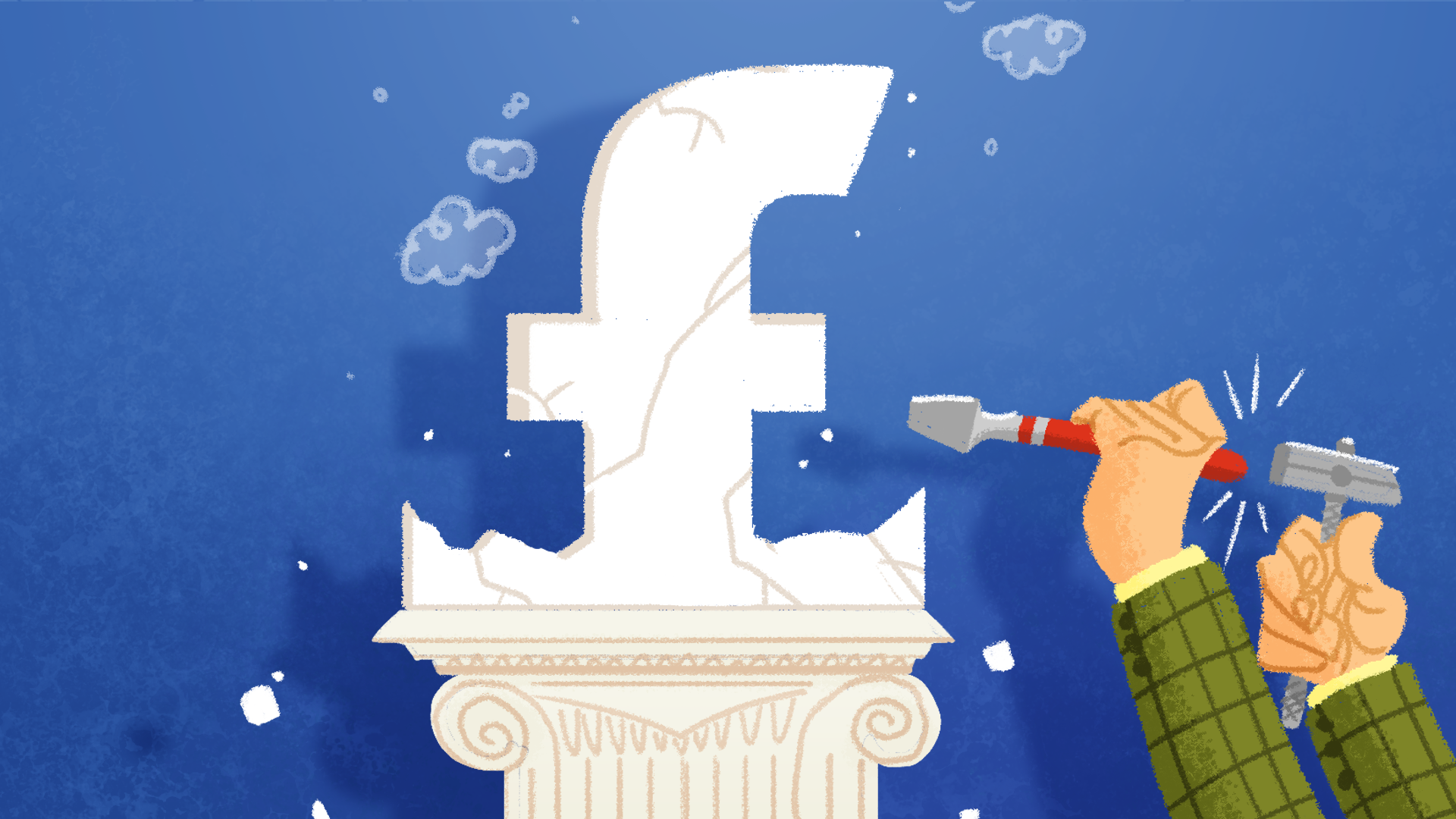 Hands chiseling the Facebook logo.