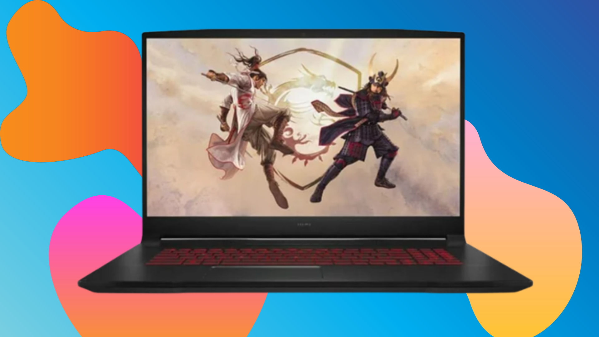 MSI Katana with two characters fighting as a screensaver against a blue background with orange/pink squiggles.