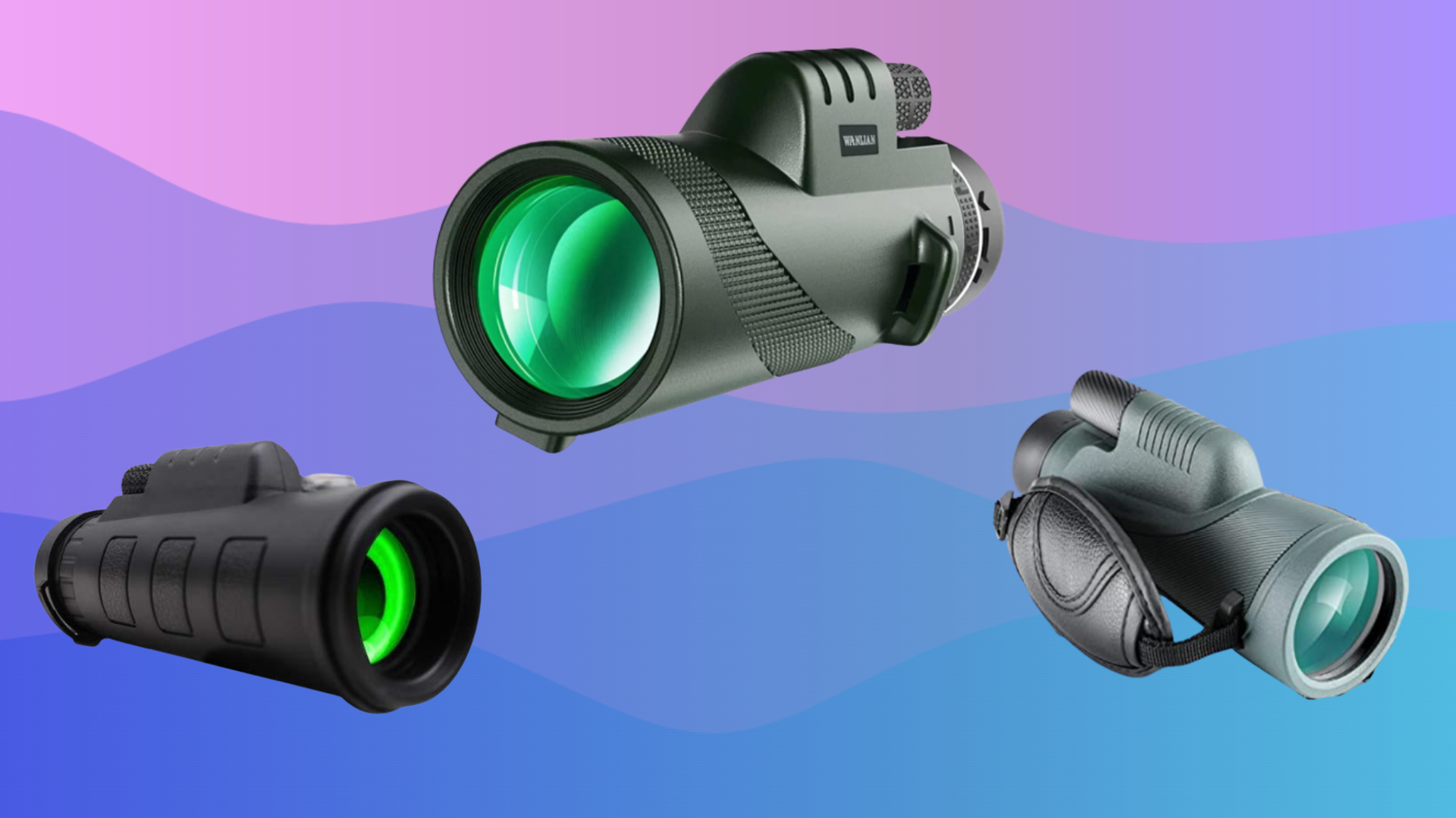 Three monoculars against a purple and blue background