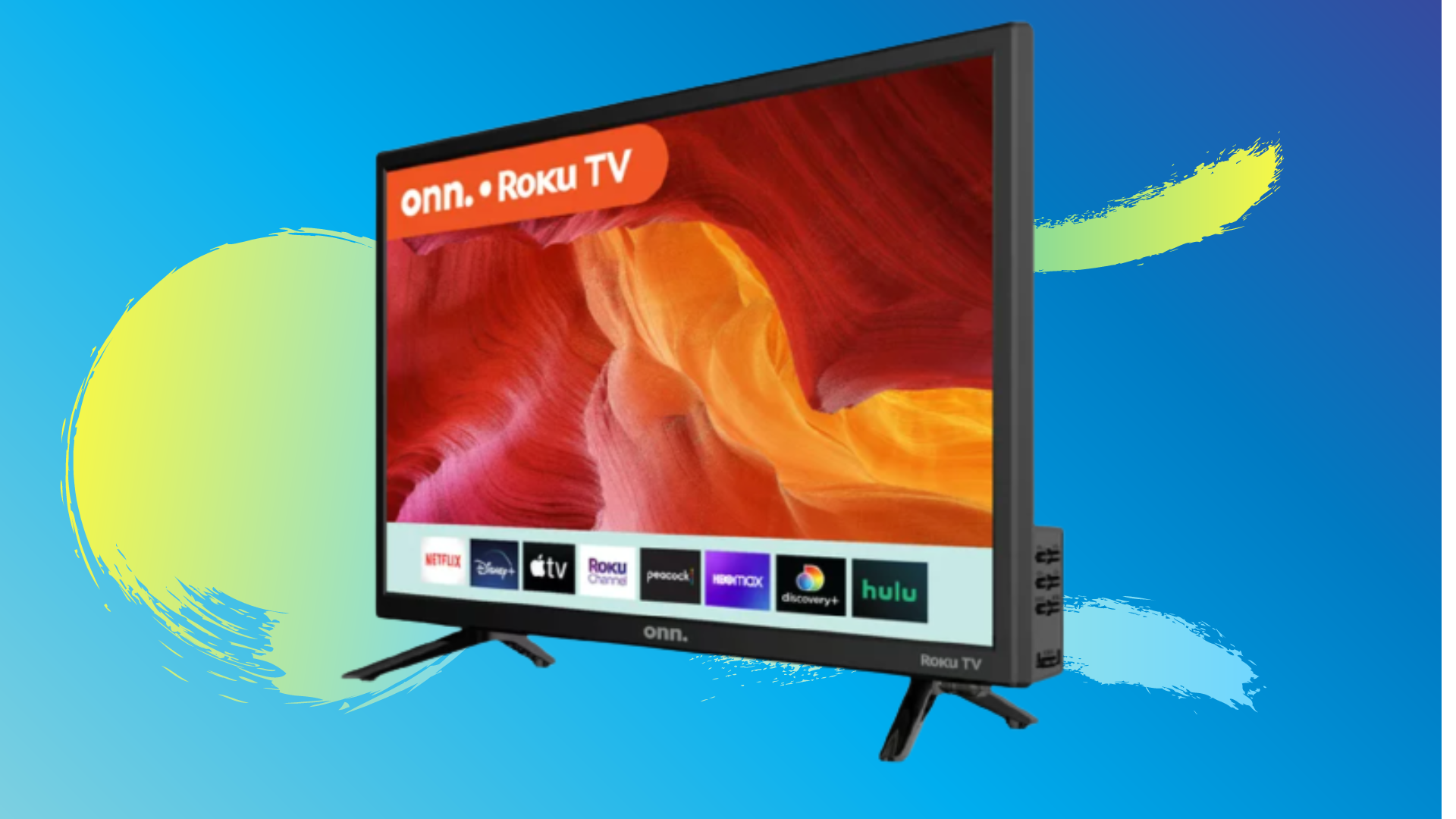 Roku TV with an orange image against a blue background with blue/yellow squiggles