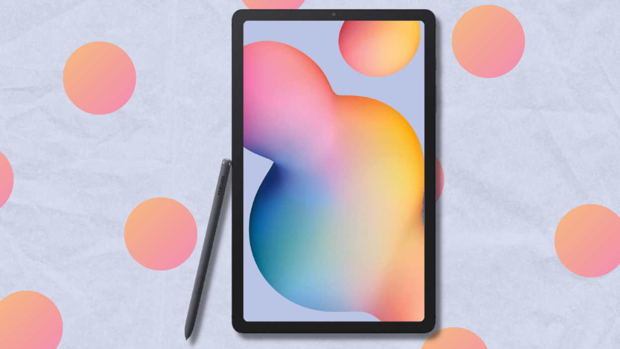 Samsung Galaxy Tab S6 Lite with S Pen on light blue background with orange dots