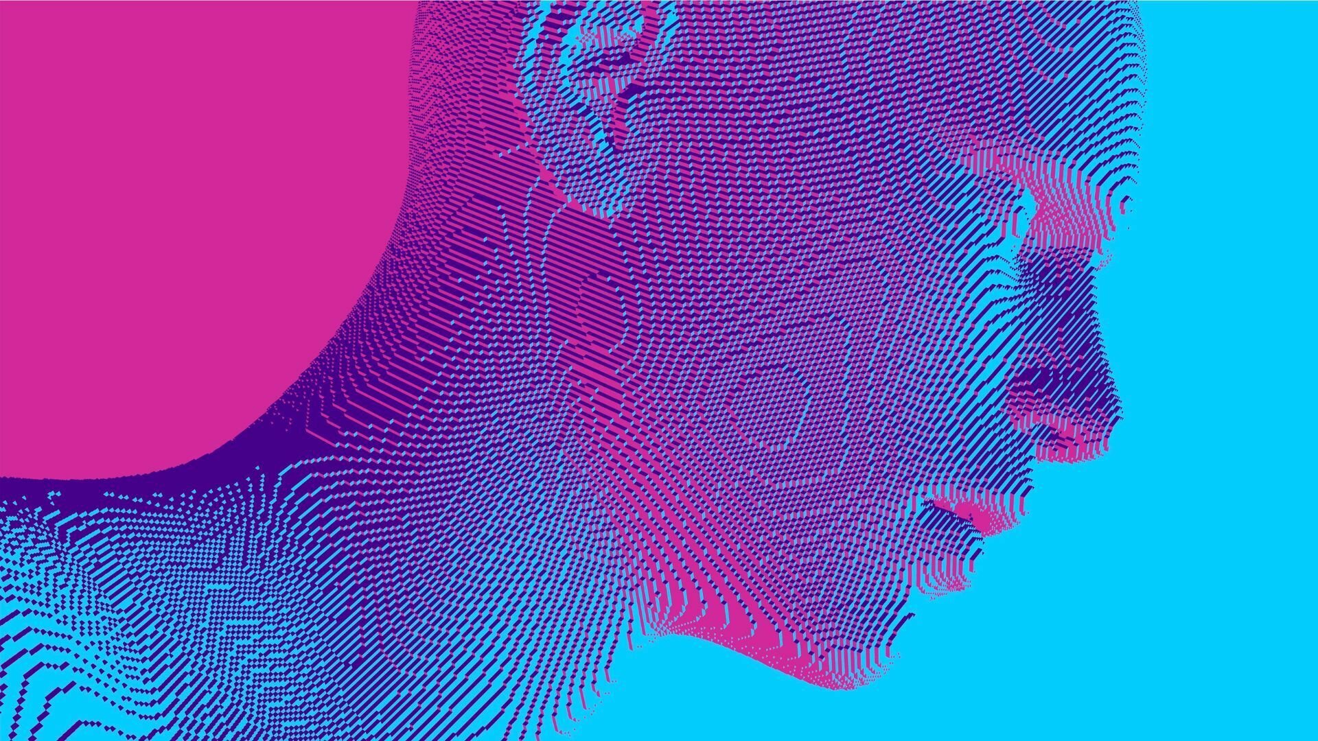Abstract digital human head constructing from cubes.