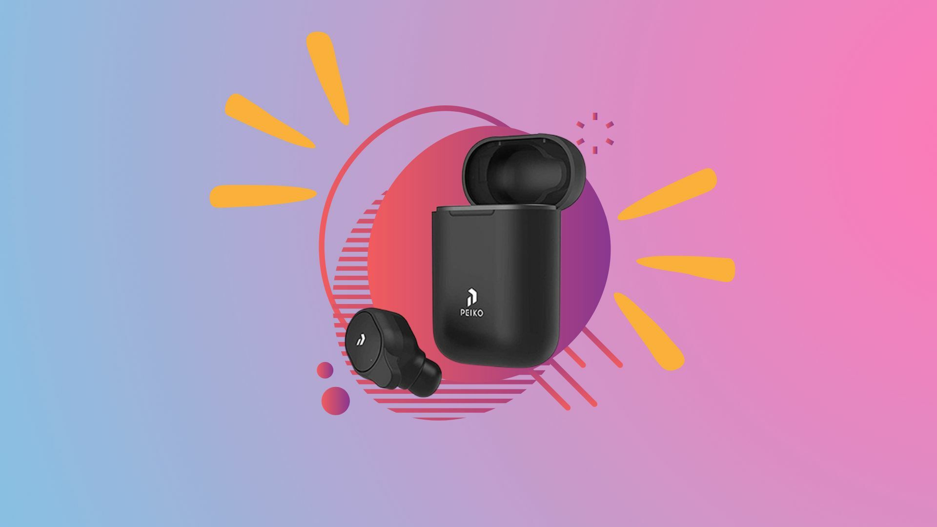 Peiko Generation 2 Wireless Translator Earbuds on a colorful background.