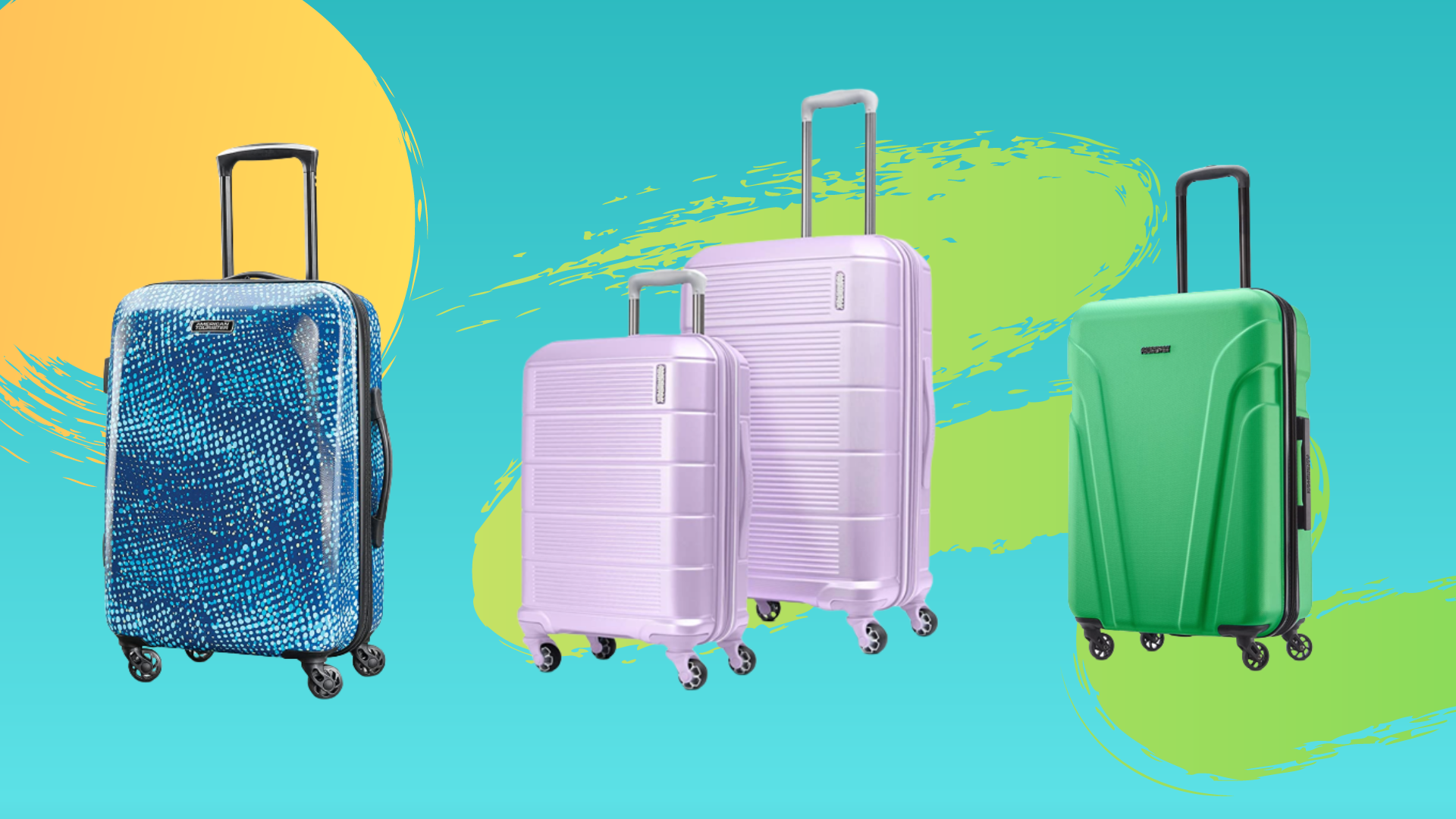 Blue, lilac, and lime green luggages in front of a sky blue/mint background, green squiggle, and yellow circle background
