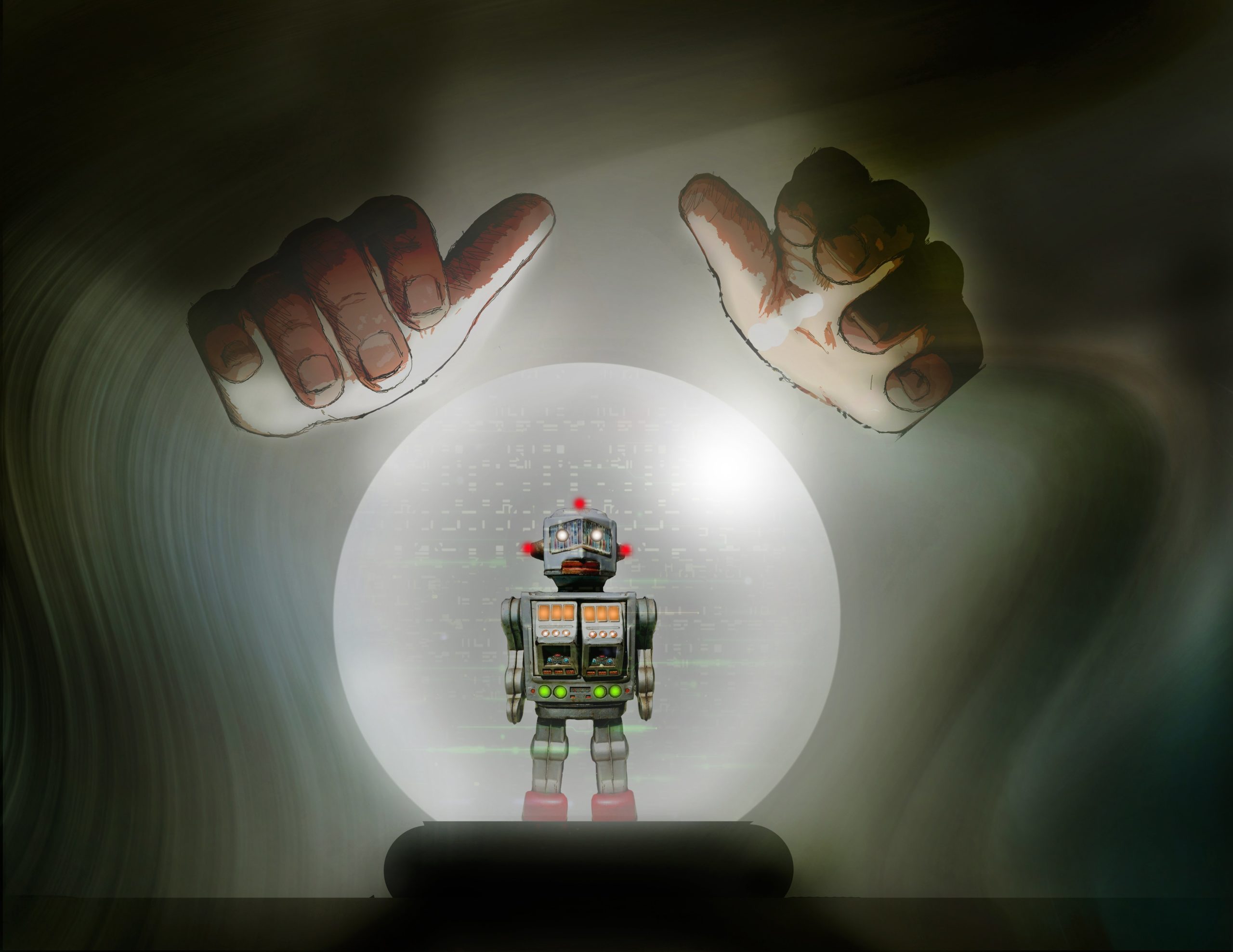 Two hands hovering over a crystall ball with a robot inside