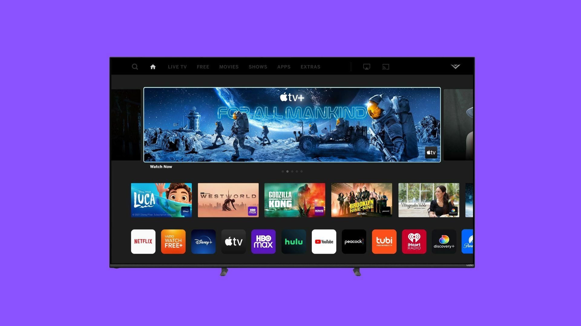 A TV with an array of streaming services mentioned on its display