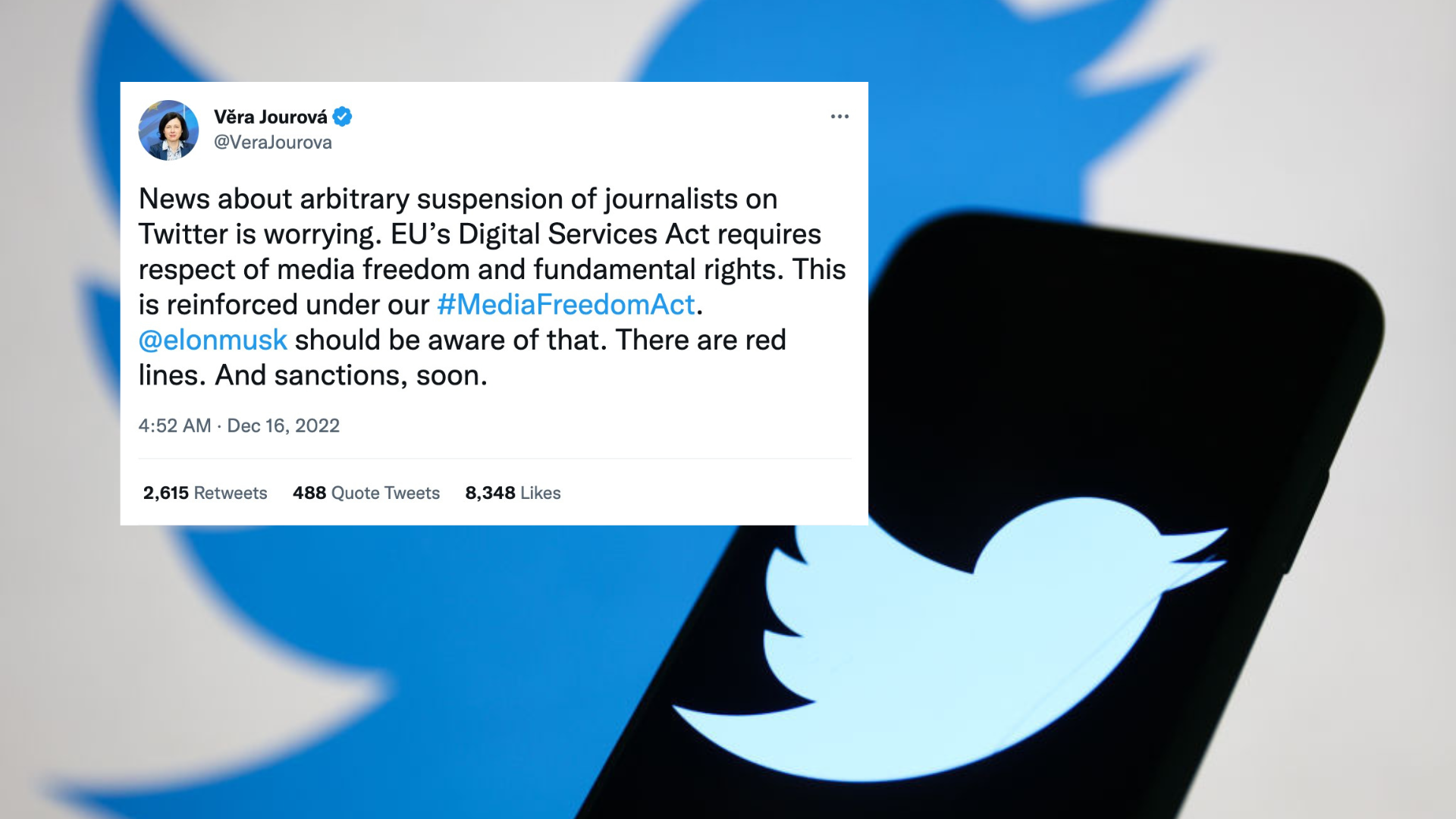 Composite of Twitter logo background and Vera Journova's tweet