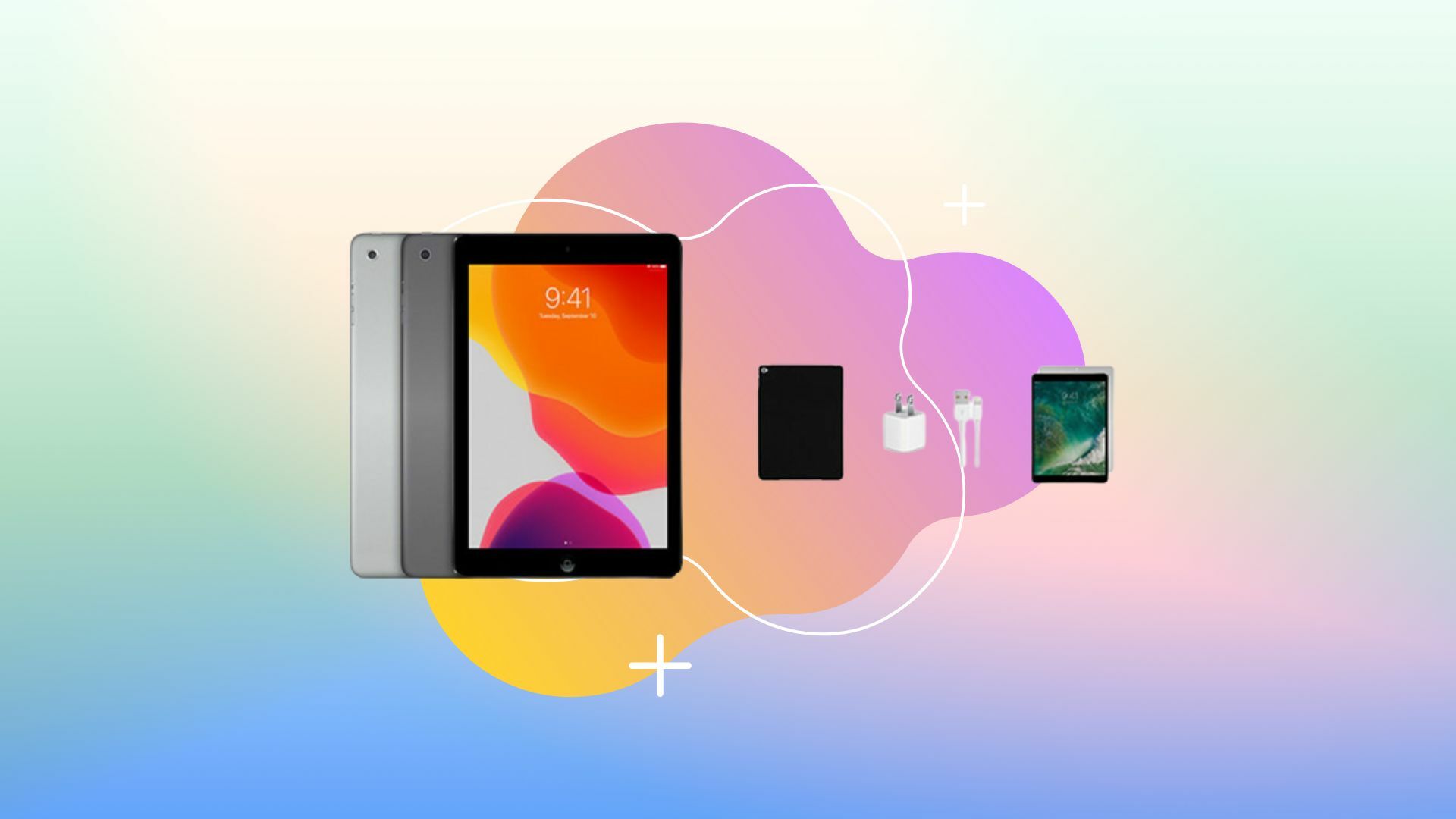 Refurbished Apple iPad Air on a colorful background.